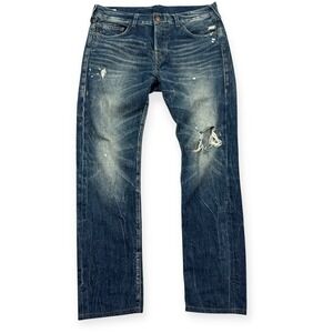 True Religion Jeans Men's 34 Blue  Rocco Relaxed Skinny Paint Splatter Whiskered